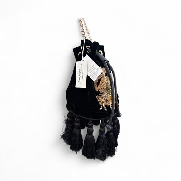 NWT & Other Stories Black Velvet Embellished Potli Bucket Bag with Tassels - Picture 4 of 7
